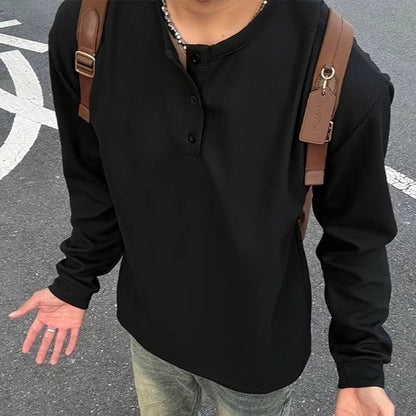 Black American Henry Collar Long-sleeved Men's Top