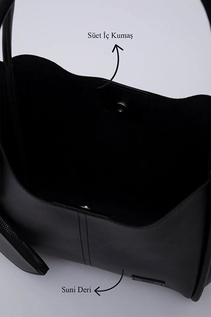 Black SHK108 Faux Leather Women Hand And Shoulder Bag With Wallet And Makeup Bag