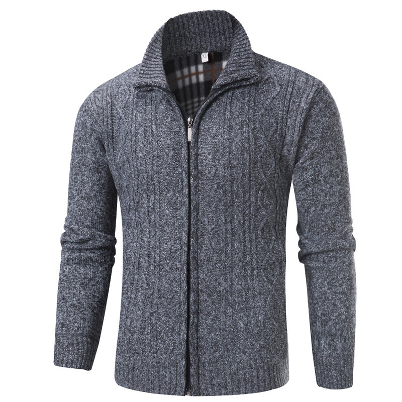 Fashionable Men's Stand-up Collar Fleece-lined Knit Sweater