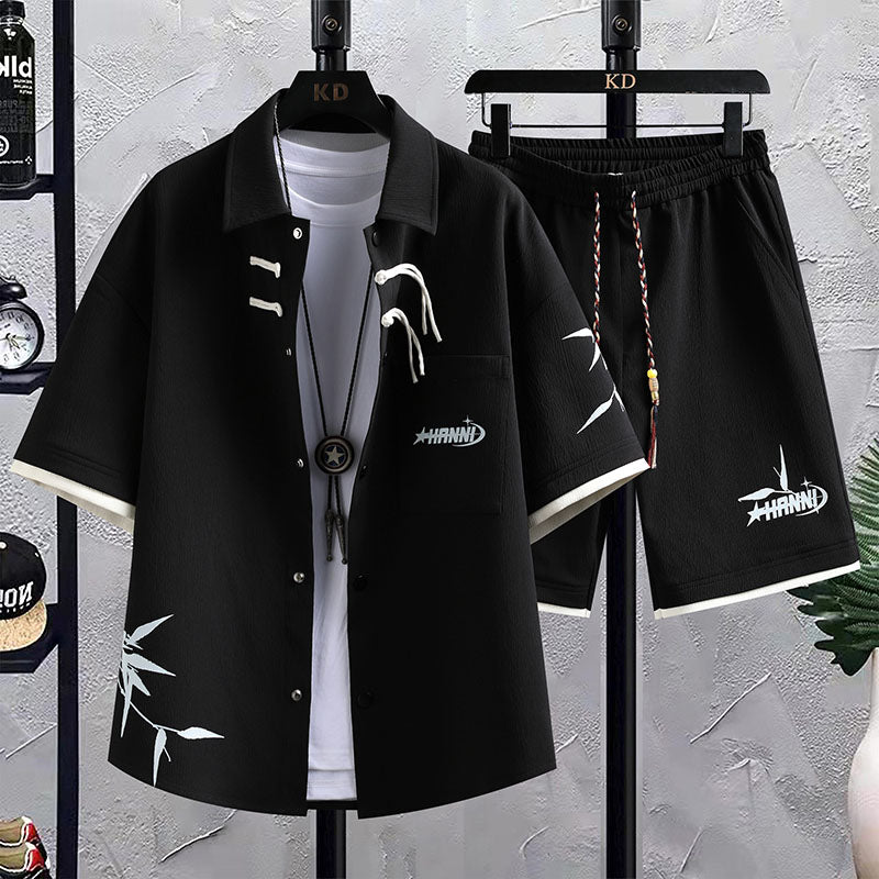 New Chinese Style National Style Suit Men's Summer Short Sleeve Shirt Shorts Wear A Set Of Casual Sports Clothes