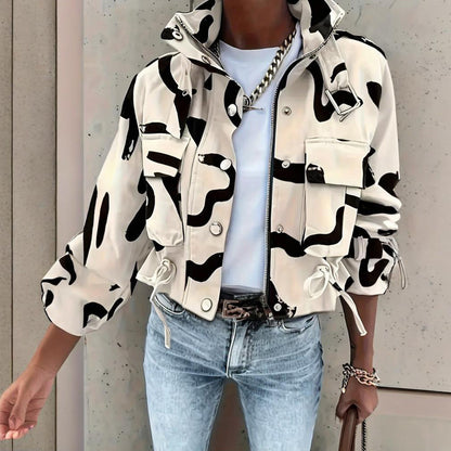 Women's Stand Collar Long Sleeve Jacket With Button & Zipper Closure - Two Large Pockets & Drawstring Hem Casual Short Jacket For Spring&Fall