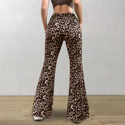 Casual Sexy Knitted Stretch Elastic Leopard Print Flared Pants