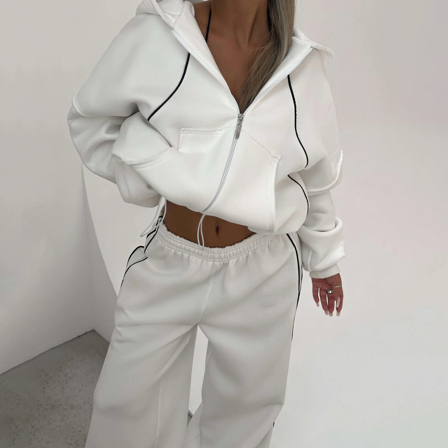 Athleisure Zip-up Long-sleeve Hoodie And Loose-fitting Sweatpants Set