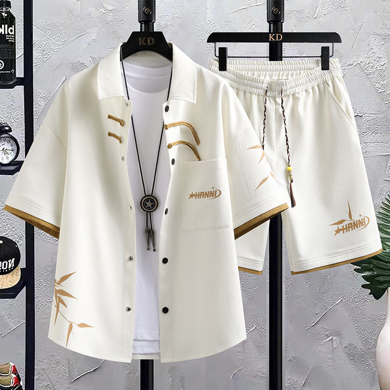 New Chinese Style National Style Suit Men's Summer Short Sleeve Shirt Shorts Wear A Set Of Casual Sports Clothes