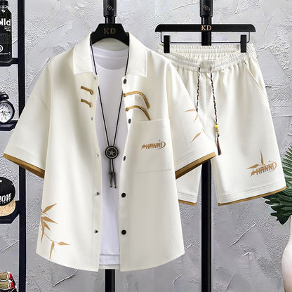 New Chinese Style National Style Suit Men's Summer Short Sleeve Shirt Shorts Wear A Set Of Casual Sports Clothes