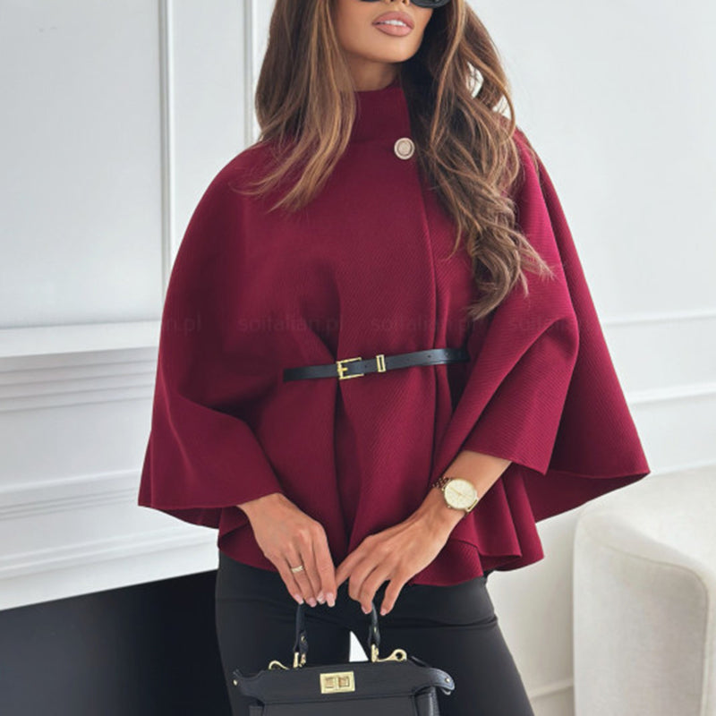 Women's Batwing Sleeve Cape Coat - Trendy Belted Stand Collar Cloak For Casual Outfits