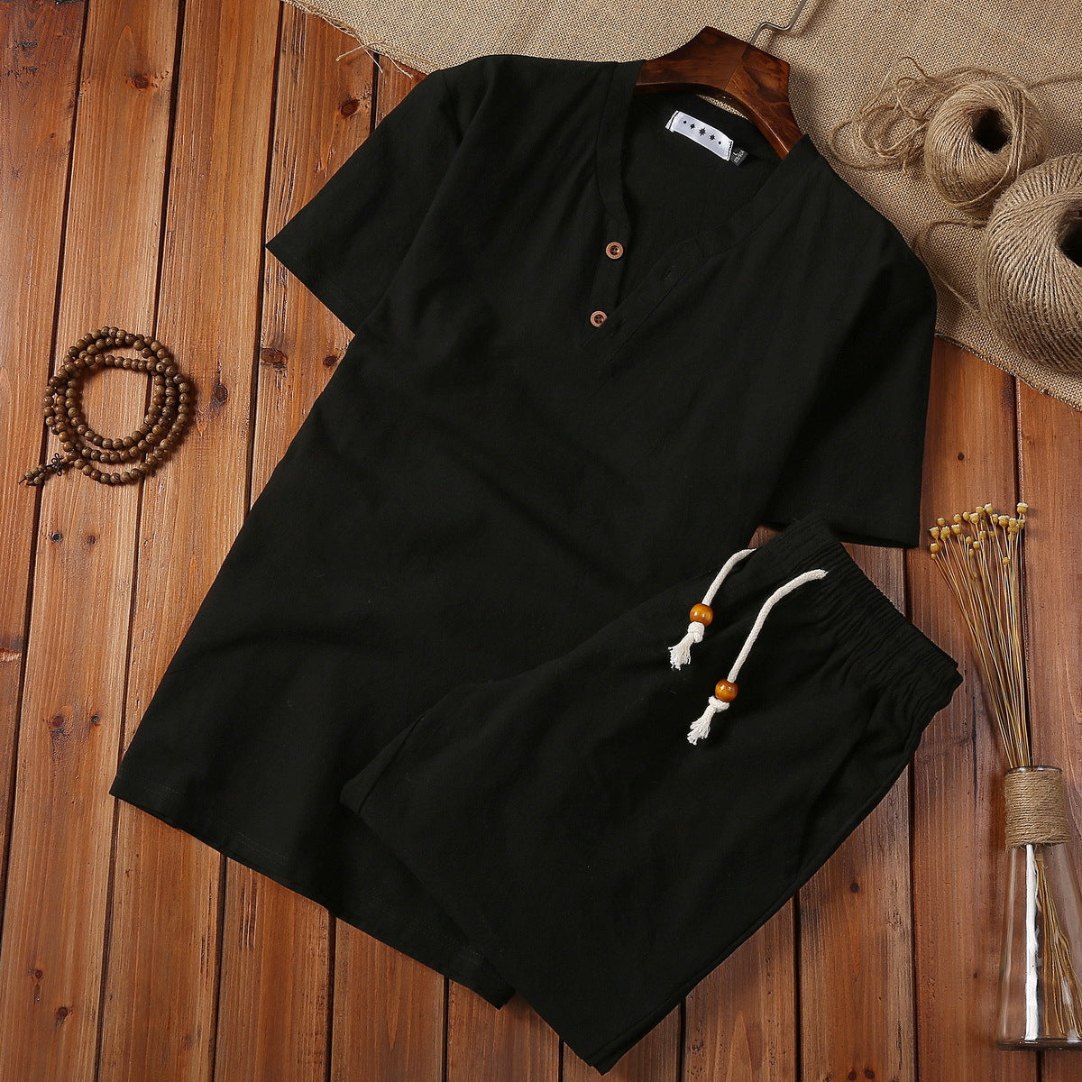 Cotton And Linen Two-piece Buckle Suit Casual V-neck Two-piece Set