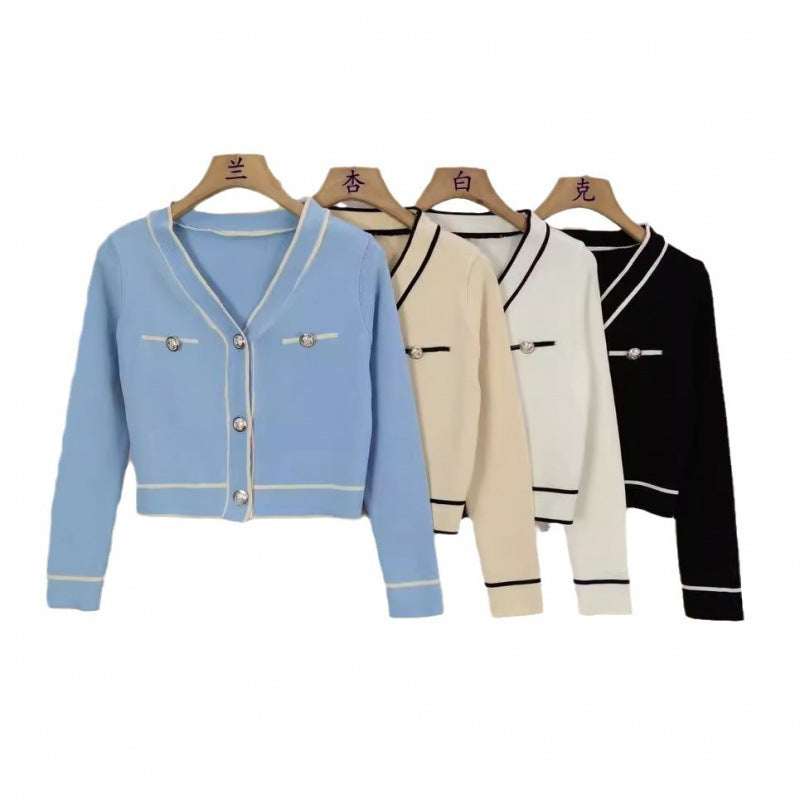 Exklusiver Damen Designer-Strickcardigan im Color-Blocking-Look – Eleganter Feinstrick-Cardigan für Business & Alltag – Stilvolle Übergangsjacke aus Core-Spun-Garn