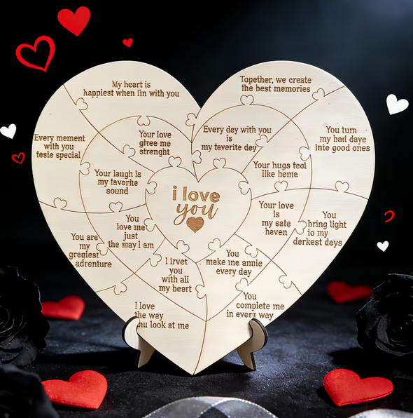 3D Holzherz-Puzzle mit Liebeszitaten (22x20cm) – Romantisches "I Love You" Geschenk