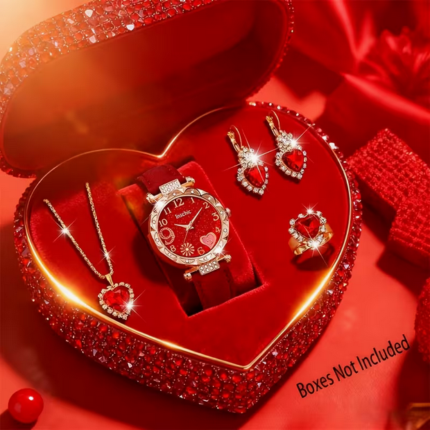 5-teiliges Damen Uhren- & Schmuck-Set – Herzliche Eleganz