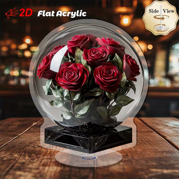 Elegante 2D Acryl-Tischdeko "Rote Rose" – Realistischer Kristallkugel-Effekt – 360° Rotierend