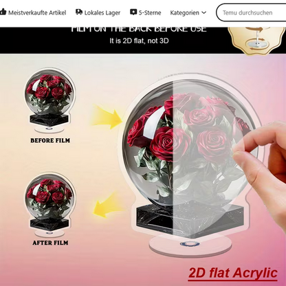 Elegante 2D Acryl-Tischdeko "Rote Rose" – Realistischer Kristallkugel-Effekt – 360° Rotierend