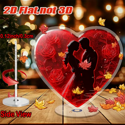 2D Flach-Acryl Ornament "Paar im Rosenherz" – Edle Tischdeko für Hochzeit & Verlobung – Hochwertiger Farbdruck