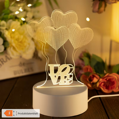 Moderne 3D-Effekt LED-Lampe „Herz-Ballons“ – Romantisches Nachtlicht mit LOVE-Schriftzug – USB-betrieben