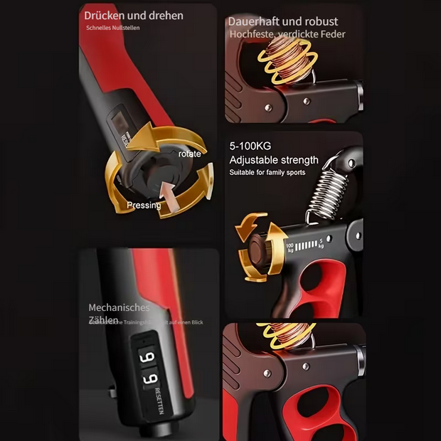 Profi-Handtrainer mit mechanischem Zähler – Verstellbarer Widerstand 5–100 kg – Effektiver Griffkrafttrainer für Gym & Home