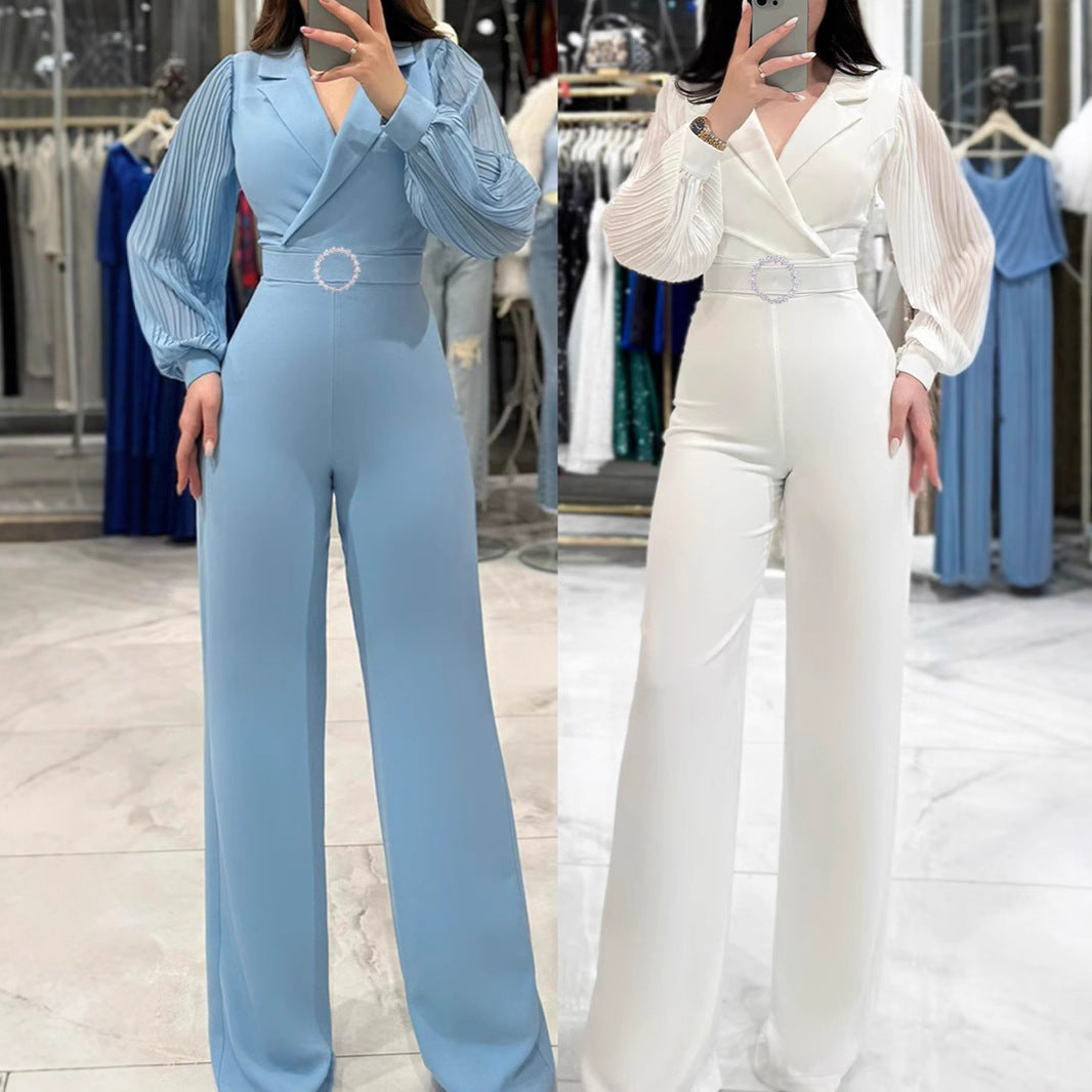 Eleganter Damen Jumpsuit mit Blazer-Kragen – Plissierte Langarm-Details – Figurbetonter Einteiler für Business & Event