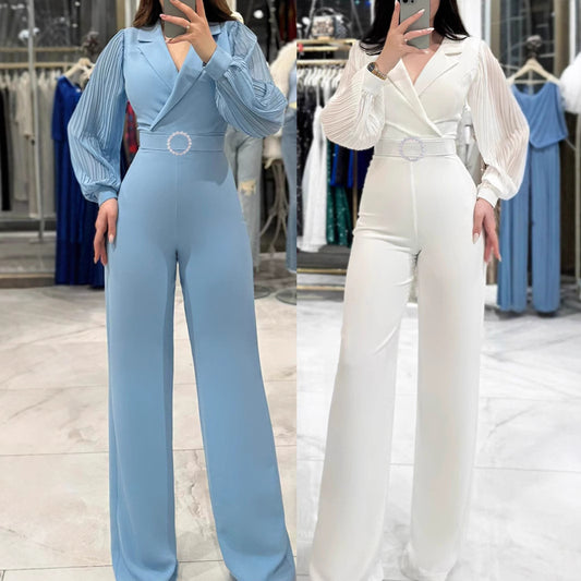 Eleganter Damen Jumpsuit mit Blazer-Kragen – Plissierte Langarm-Details – Figurbetonter Einteiler für Business & Event