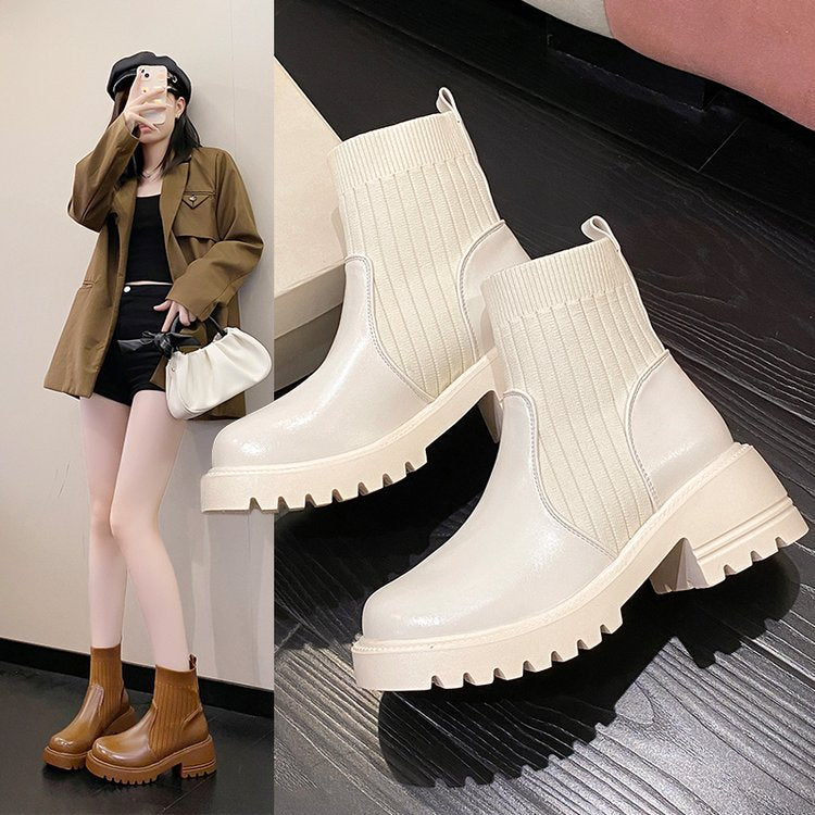 Women's Knitted Patchwork Chunky-sole Square-heeled Booties
