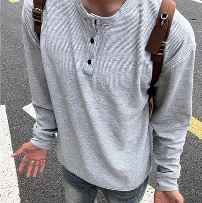 Black American Henry Collar Long-sleeved Men's Top