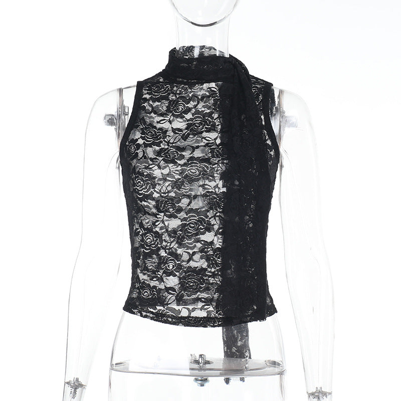 Damen Spitzen-Top in Schwarz – Elegantes ärmelloses Lace-Up Oberteil – Sexy Slim-Fit Design für Party & Abendmode