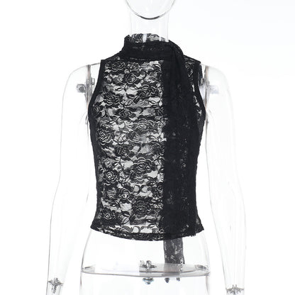 Damen Spitzen-Top in Schwarz – Elegantes ärmelloses Lace-Up Oberteil – Sexy Slim-Fit Design für Party & Abendmode