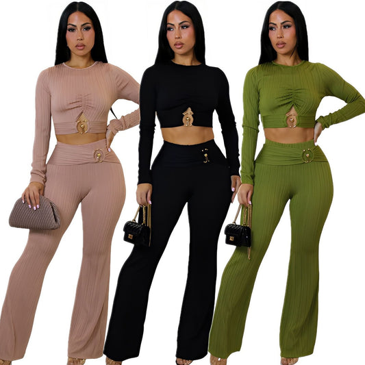 Women's Slim-fit Sexy Hollow-out Top And Flared Pants Two-piece Set