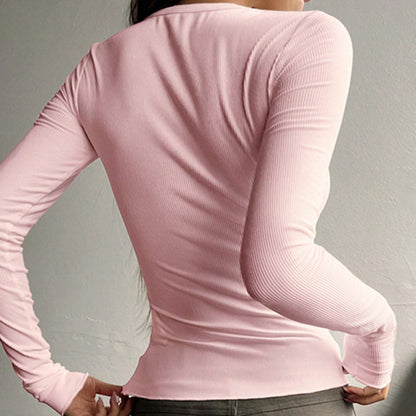 Women's Button-Front Ribbed Knit Top Round Neck Long Sleeve Fitted Sweater For Spring And Fall
