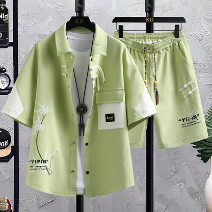 New Chinese Style National Style Suit Men's Summer Short Sleeve Shirt Shorts Wear A Set Of Casual Sports Clothes