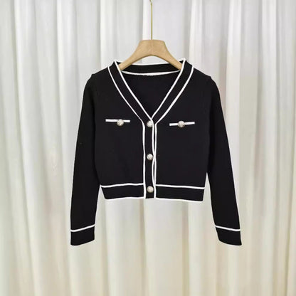 Exklusiver Damen Designer-Strickcardigan im Color-Blocking-Look – Eleganter Feinstrick-Cardigan für Business & Alltag – Stilvolle Übergangsjacke aus Core-Spun-Garn