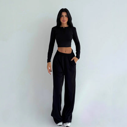 Women's Solid-color Casual Crew-neck Button-up Long-sleeve Top And Trousers