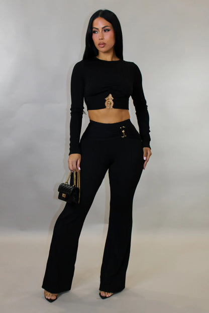 Women's Slim-fit Sexy Hollow-out Top And Flared Pants Two-piece Set