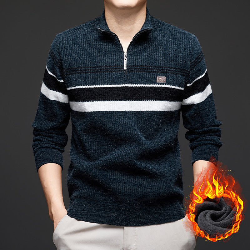 Men's Chenille Half-Zip Fleece- Lined Striped Pullover Sweater