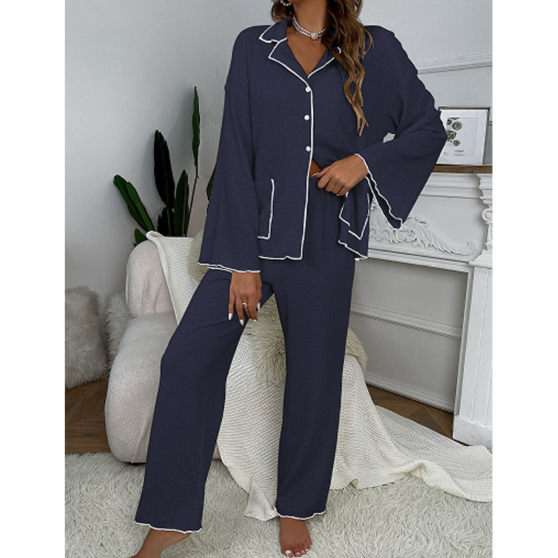 Lapel-collar Button-up Pajama Set For Women