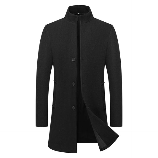 Men's Stand-collar Mid-length Solid-color Wool Coat
