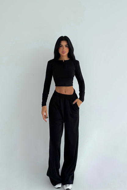 Women's Solid-color Casual Crew-neck Button-up Long-sleeve Top And Trousers