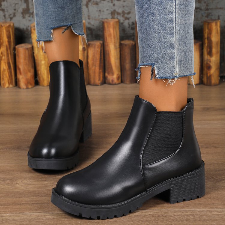 Black Chelsea Ankle Boots Women's Chunky Heel Martin Boots