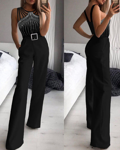 European And American-style Rhinestone-embellished Sexy Strapless Sleeveless Waist-cinching Jumpsuit