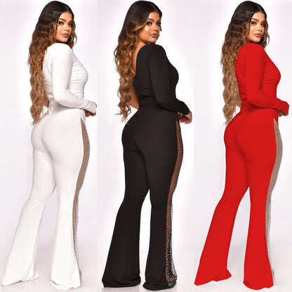 Eleganter Damen-Jumpsuit mit Mesh-Einsätzen & Hot-Drilling-Veredelung – Figurbetonter Micro-Pull Schnitt – Luxuriöser Abend-Look