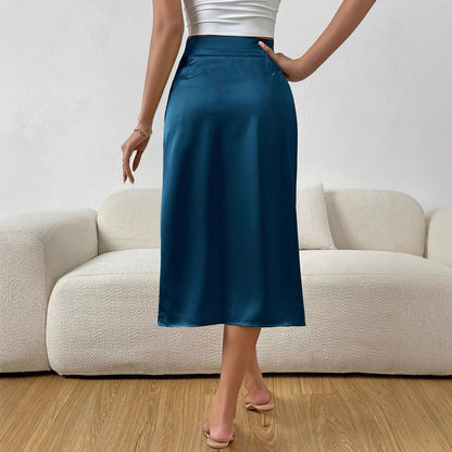 Summer Women Pleated Slit Satin Skirt