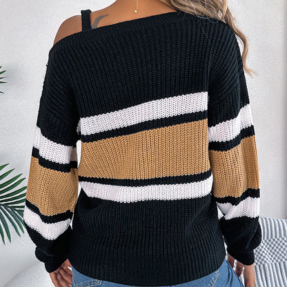 Women's Cold Shoulder Sweater - Fall Color Block Long Sleeve Pullover