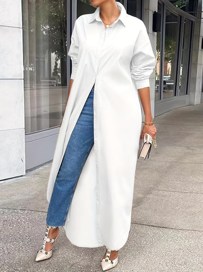 Elegantes Damen Longline-Hemdkleid – Luftige Oversize-Bluse mit durchgehender Knopfleiste – Stilvolles Maxikleid für Casual & Business-Looks