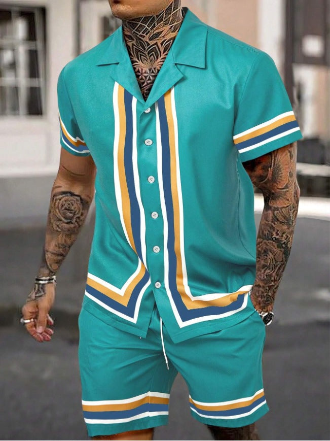 Fashion Men's Cuban Collar Shirt Two-piece Set