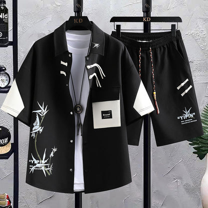 New Chinese Style National Style Suit Men's Summer Short Sleeve Shirt Shorts Wear A Set Of Casual Sports Clothes