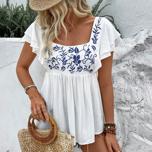 Women's Casual Lace-trimmed Square-neck Embroidered Shirt