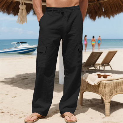 Leinen Tunnelzughose Mit Mehreren Taschen Und Geradem Bein