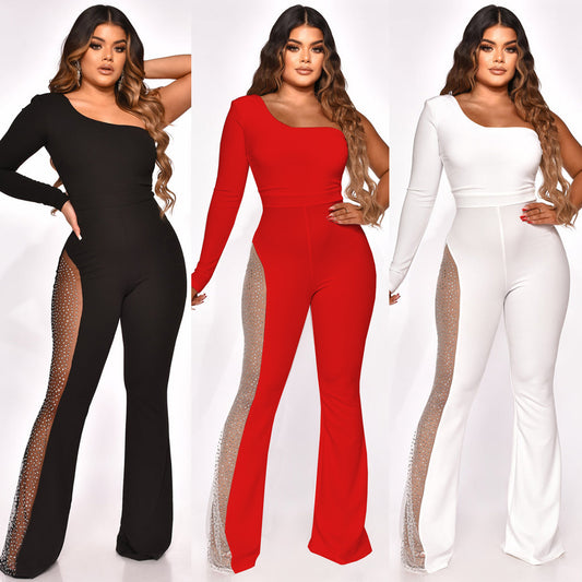Eleganter Damen-Jumpsuit mit Mesh-Einsätzen & Hot-Drilling-Veredelung – Figurbetonter Micro-Pull Schnitt – Luxuriöser Abend-Look